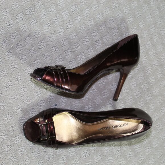 Antonio Melani Women's Sz 7.5M Bronze Peep Toe 3.5" Heels - Picture 1 of 6